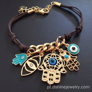 Bracelete de couro Knots Chain mau olhado com Pingente Hamsa